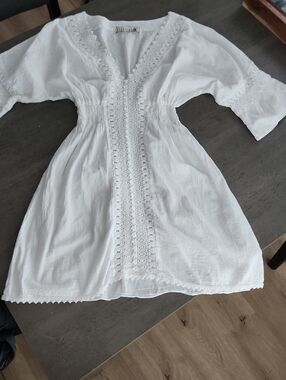 Sea Spice White Eyelet V-Neck Cotton Tunic Dress Sz MED